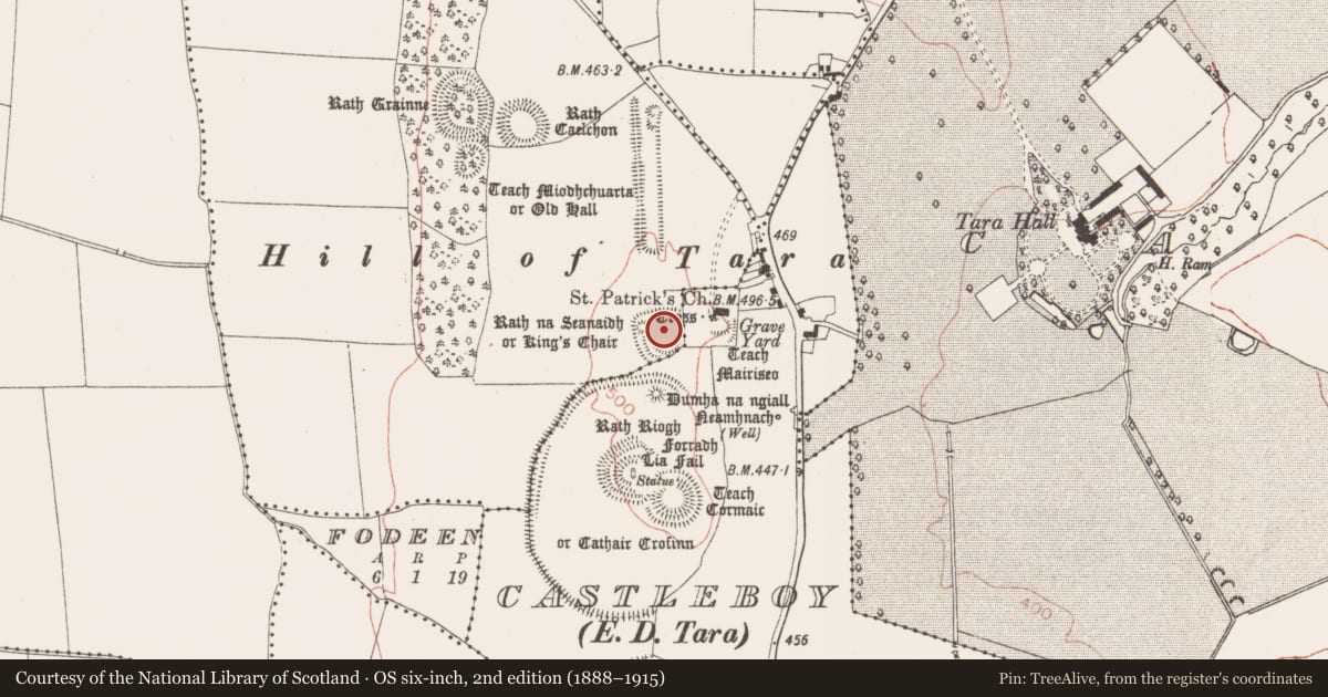 Ordnance Survey six-inch map, 2nd edition (1888–1915) covering the location of Ceremonial enclosure, County Meath, with a pin at the register's coordinates