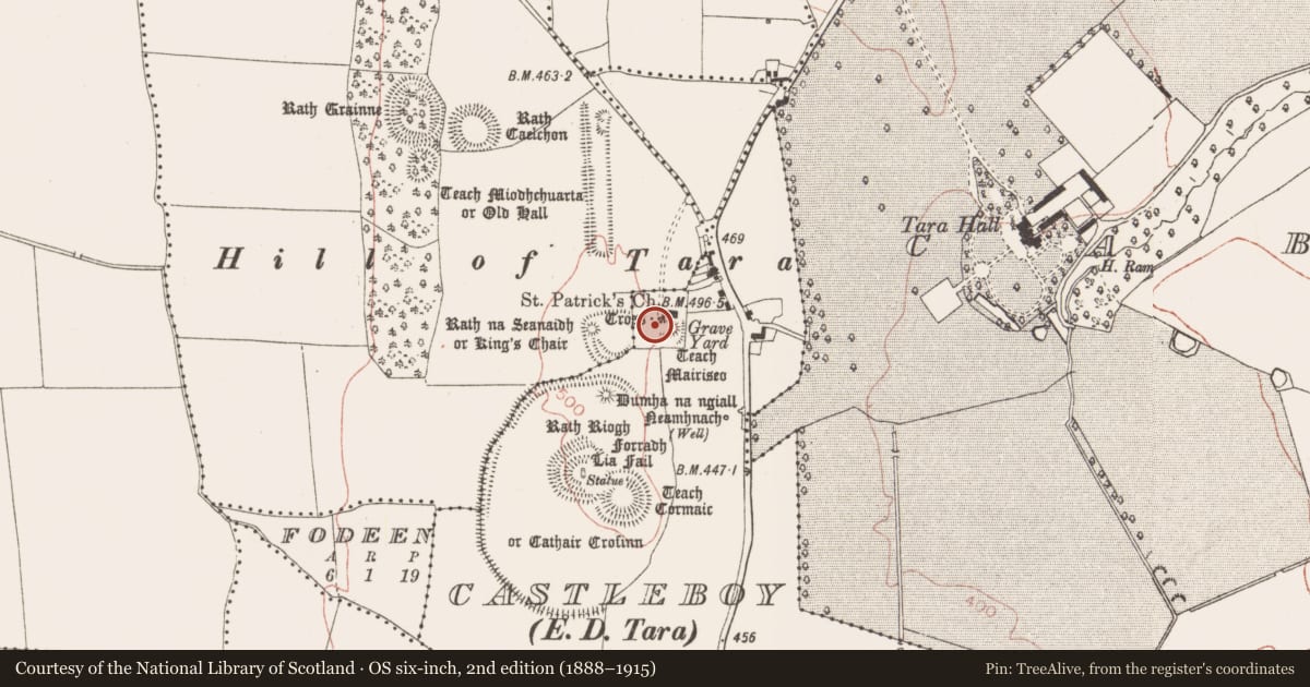 Ordnance Survey six-inch map, 2nd edition (1888–1915) covering the location of Graveyard, Castleboy (Skreen By., Tara Par.), County Meath, with a pin at the register's coordinates