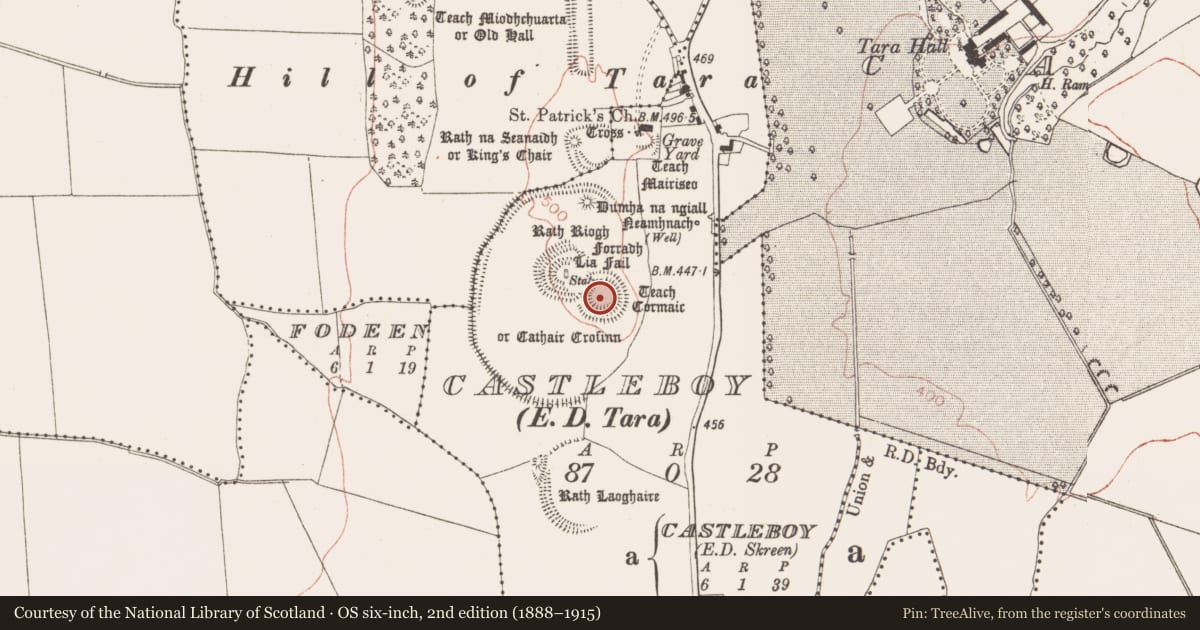 Ordnance Survey six-inch map, 2nd edition (1888–1915) covering the location of Mound, Castleboy (Skreen By., Tara Par.), County Meath, with a pin at the register's coordinates