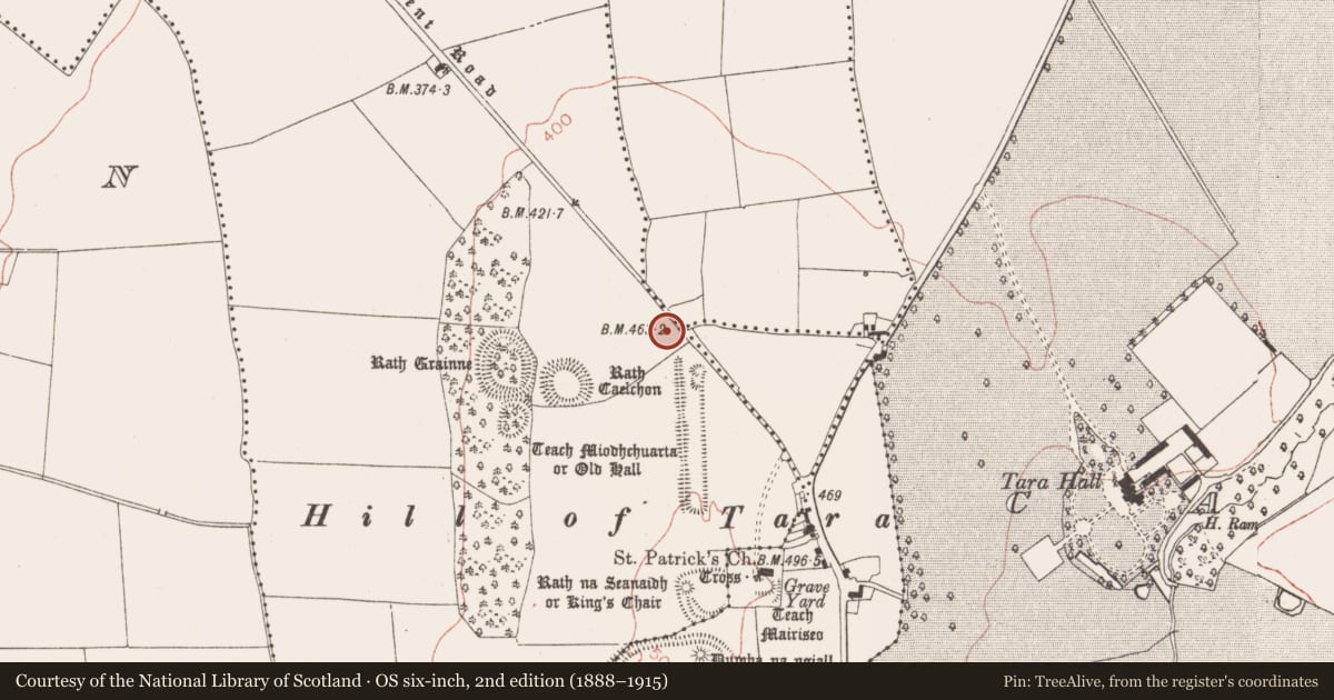 Ordnance Survey six-inch map, 2nd edition (1888–1915) covering the location of Road - road/trackway, Castletown Tara, County Meath, with a pin at the register's coordinates