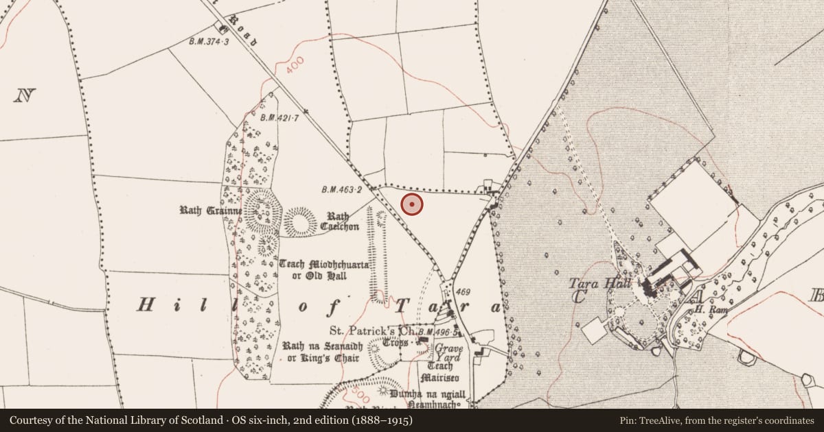 Ordnance Survey six-inch map, 2nd edition (1888–1915) covering the location of Barrow - ring-barrow, Cabragh, County Meath, with a pin at the register's coordinates