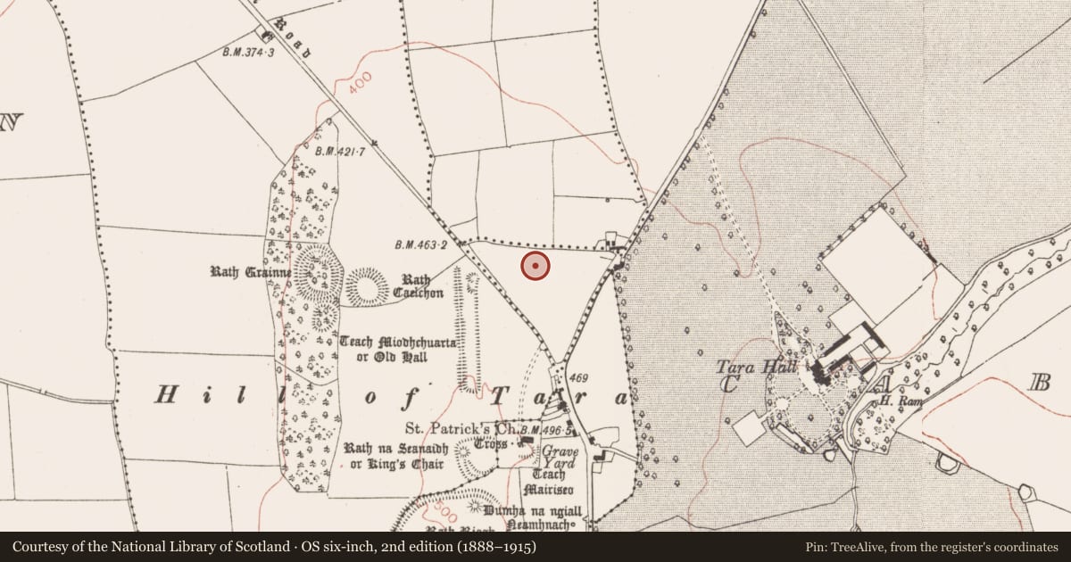 Ordnance Survey six-inch map, 2nd edition (1888–1915) covering the location of Enclosure, Cabragh, County Meath, with a pin at the register's coordinates