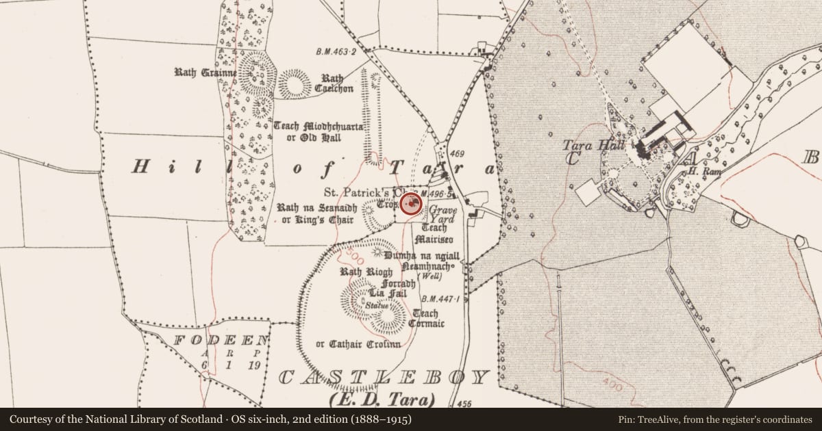 Ordnance Survey six-inch map, 2nd edition (1888–1915) covering the location of Cross, Castleboy (Skreen By., Tara Par.), County Meath, with a pin at the register's coordinates