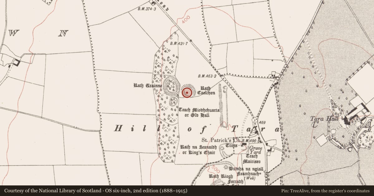 Ordnance Survey six-inch map, 2nd edition (1888–1915) covering the location of Barrow - ring-barrow, Castletown Tara, County Meath, with a pin at the register's coordinates