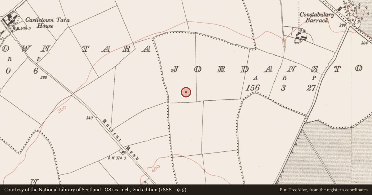 Ordnance Survey six-inch map, 2nd edition (1888–1915) covering the location of Enclosure, Jordanstown, County Meath, with a pin at the register's coordinates