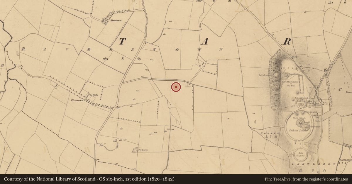 Ordnance Survey six-inch map, 1st edition (1829–1842) covering the location of Linear earthwork, County Meath, with a pin at the register's coordinates