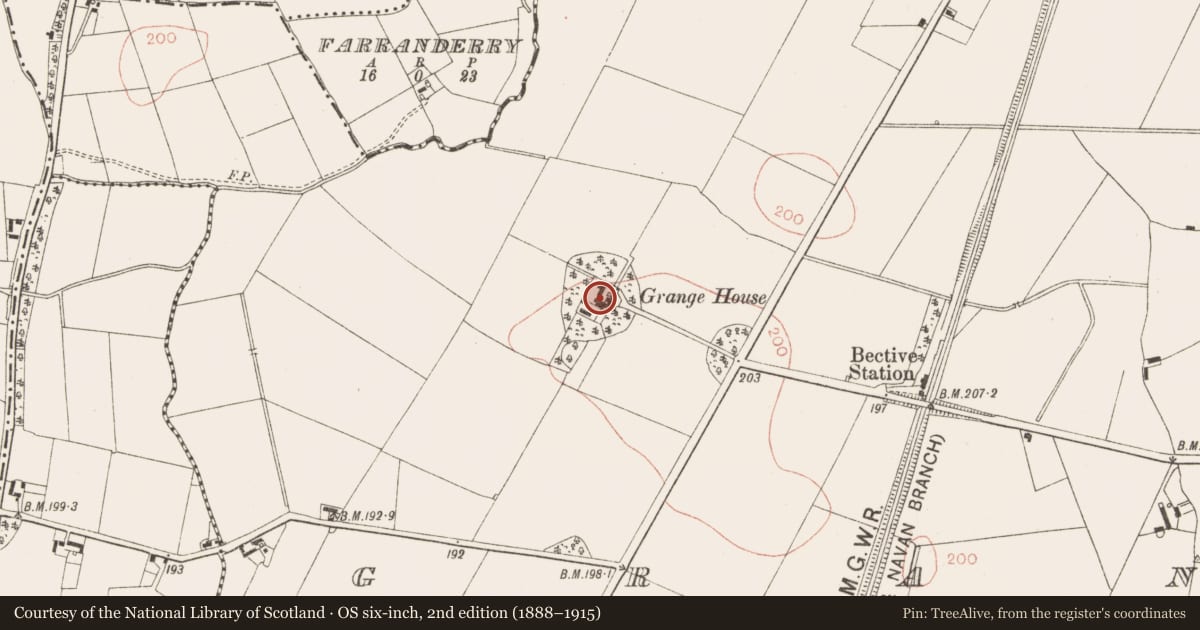 Ordnance Survey six-inch map, 2nd edition (1888–1915) covering the location of Enclosure, Grange, County Meath, with a pin at the register's coordinates