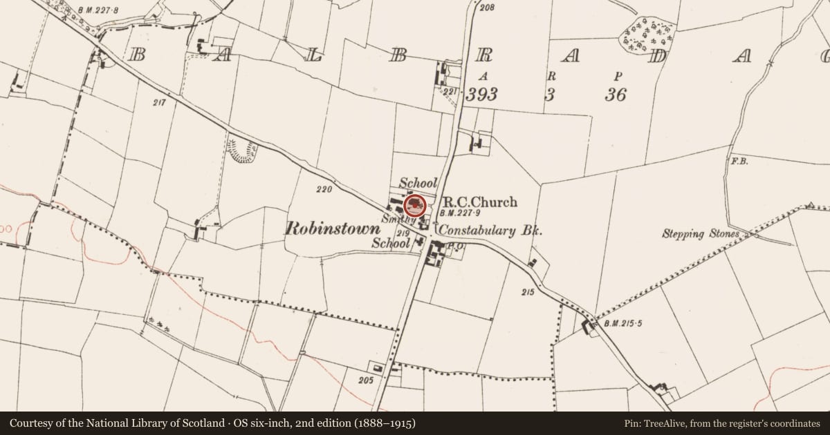 Ordnance Survey six-inch map, 2nd edition (1888–1915) covering the location of Font (present location), Balbradagh, County Meath, with a pin at the register's coordinates