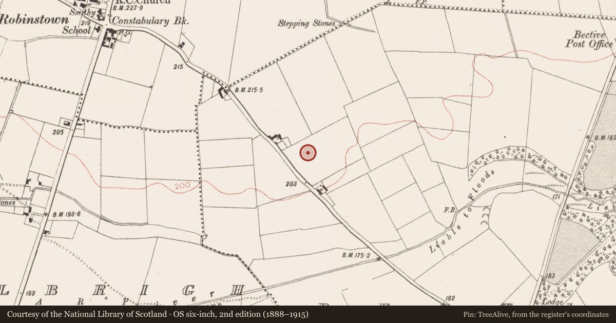 Ordnance Survey six-inch map, 2nd edition (1888–1915) covering the location of Ring-ditch, Bective, County Meath, with a pin at the register's coordinates