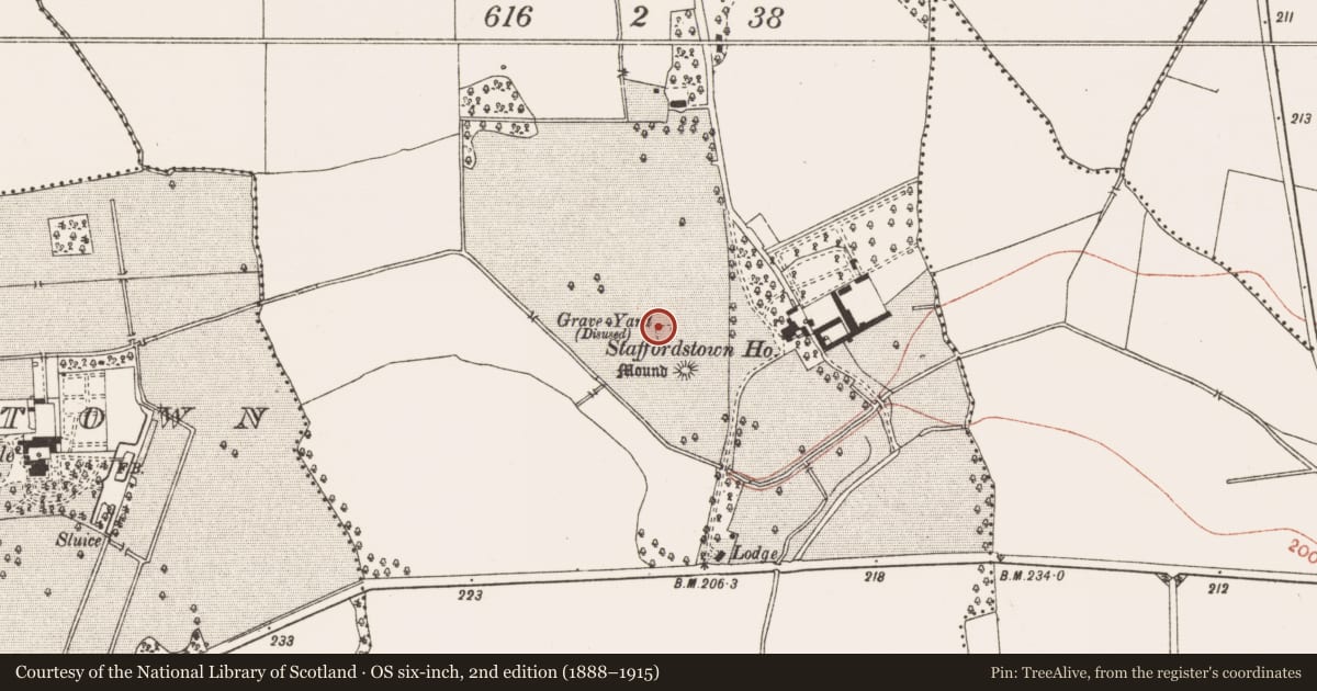 Ordnance Survey six-inch map, 2nd edition (1888–1915) covering the location of Mausoleum, Staffordstown, County Meath, with a pin at the register's coordinates