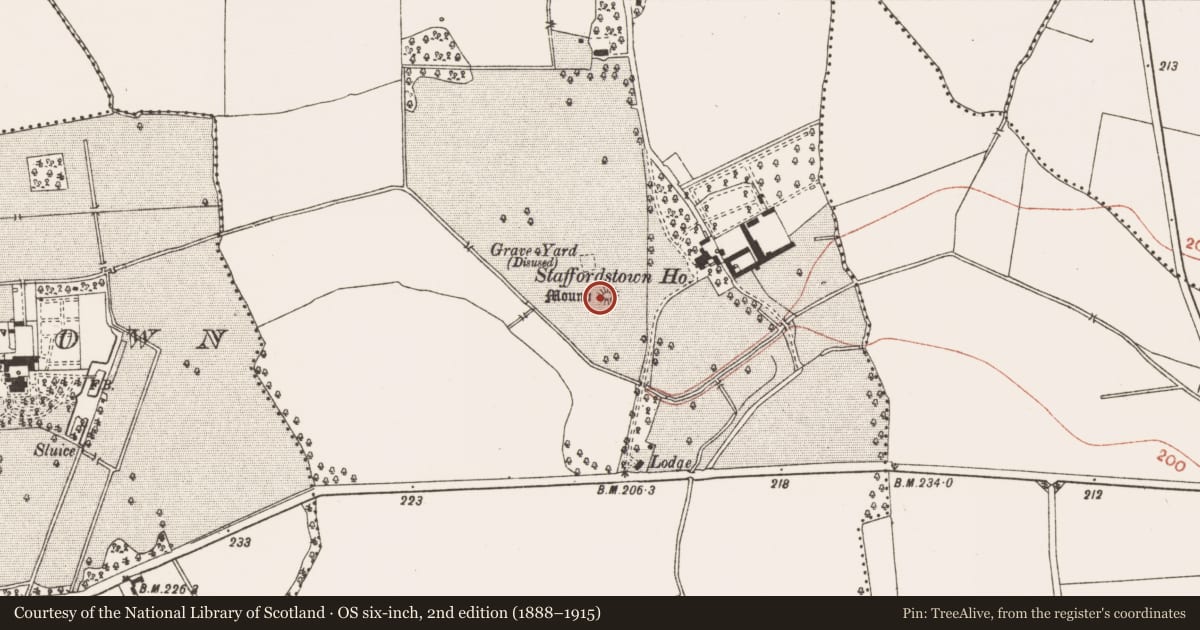 Ordnance Survey six-inch map, 2nd edition (1888–1915) covering the location of Barrow - mound barrow, Staffordstown, County Meath, with a pin at the register's coordinates