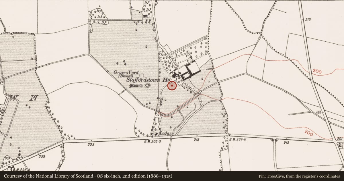 Ordnance Survey six-inch map, 2nd edition (1888–1915) covering the location of Castle - unclassified, Staffordstown, County Meath, with a pin at the register's coordinates