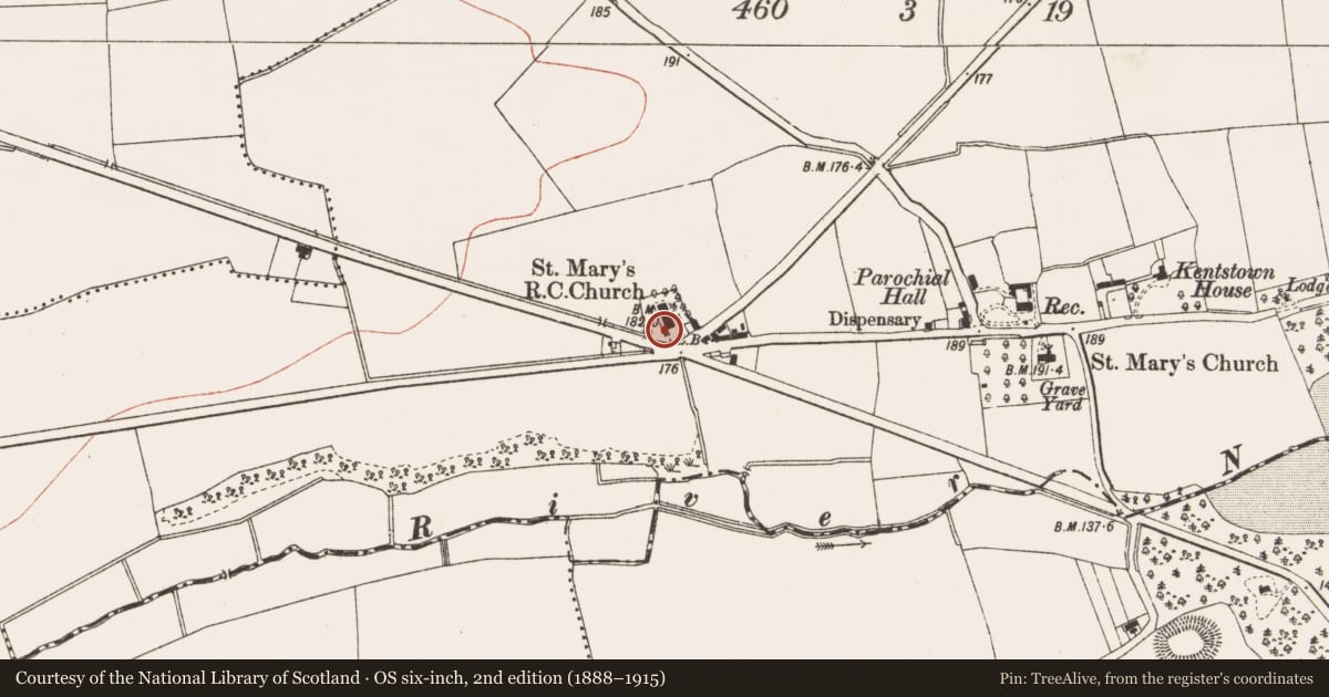Ordnance Survey six-inch map, 2nd edition (1888–1915) covering the location of Font (present location), Kentstown, County Meath, with a pin at the register's coordinates