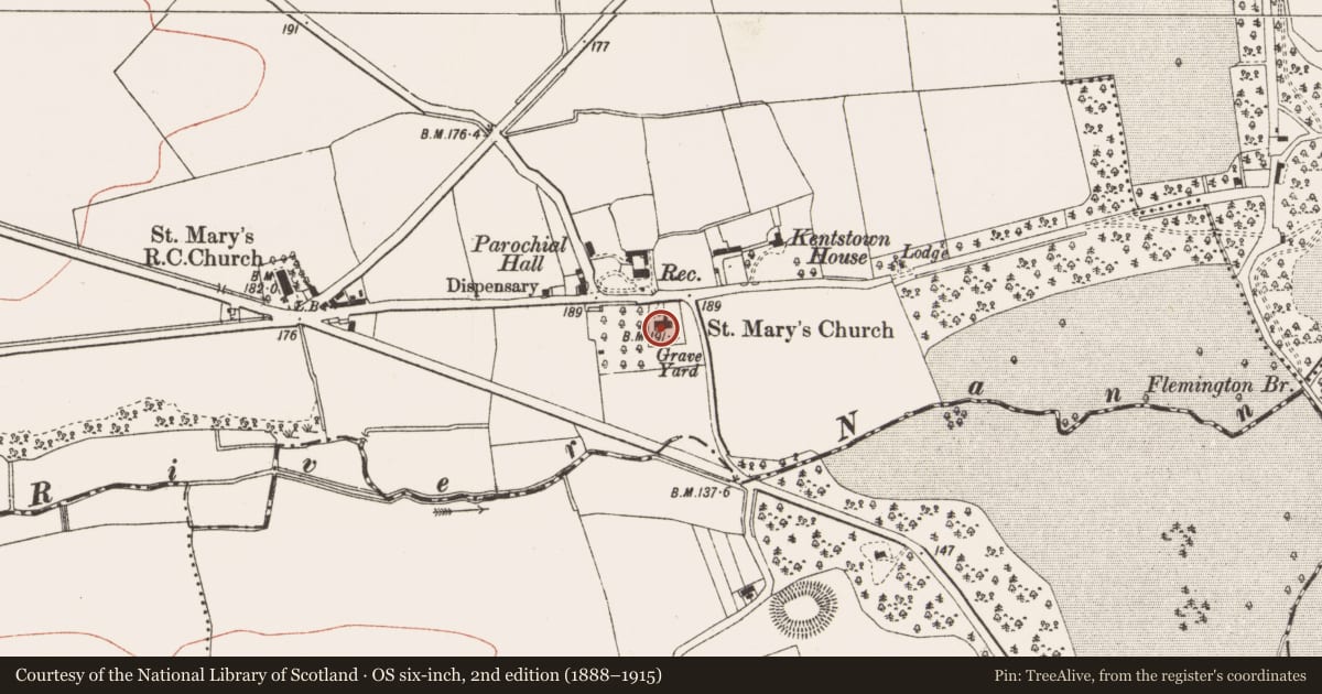 Ordnance Survey six-inch map, 2nd edition (1888–1915) covering the location of Church, Kentstown, County Meath, with a pin at the register's coordinates