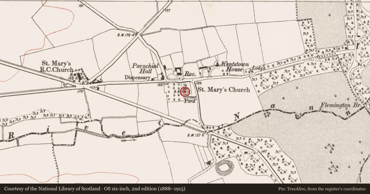 Ordnance Survey six-inch map, 2nd edition (1888–1915) covering the location of Graveyard, Kentstown, County Meath, with a pin at the register's coordinates
