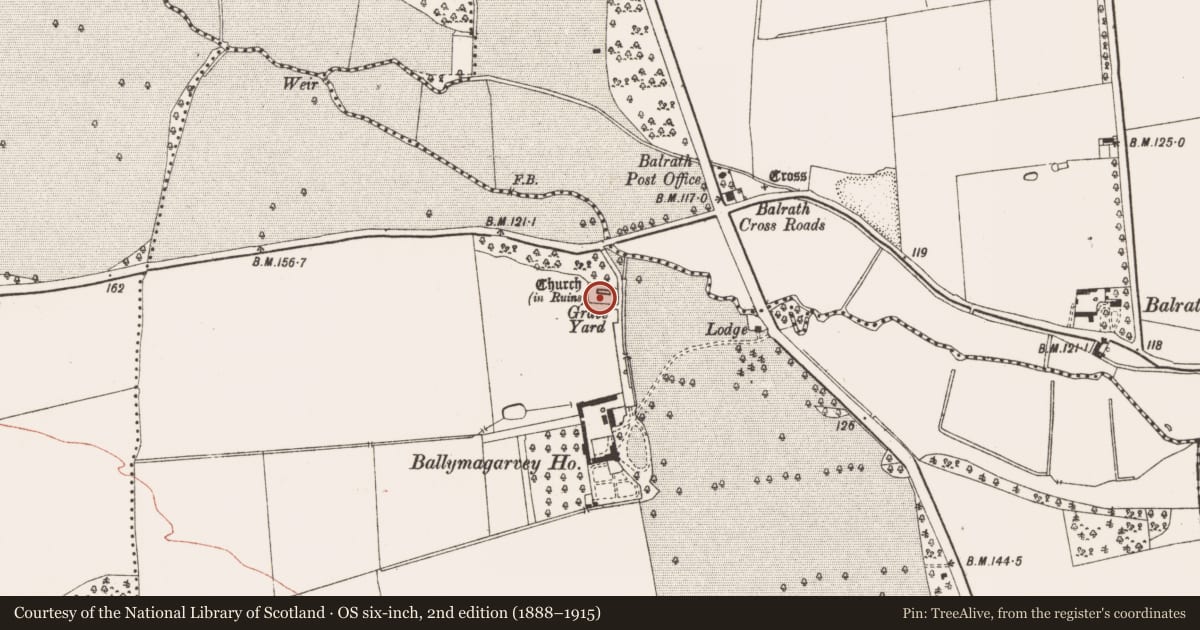 Ordnance Survey six-inch map, 2nd edition (1888–1915) covering the location of Graveyard, Ballymagarvey, County Meath, with a pin at the register's coordinates