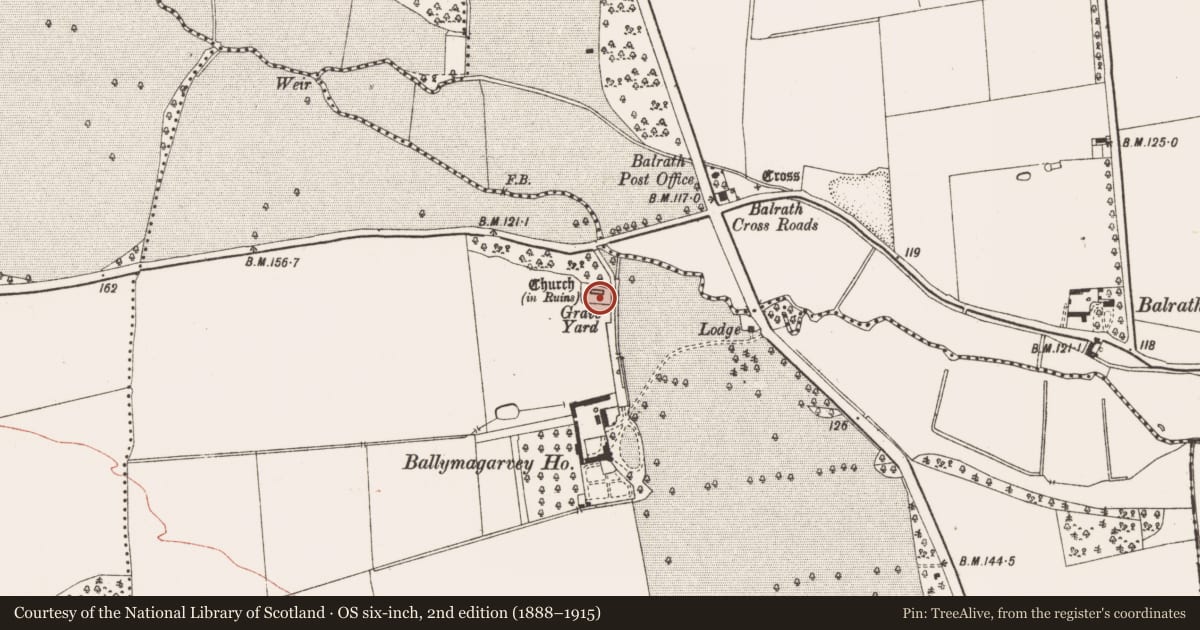 Ordnance Survey six-inch map, 2nd edition (1888–1915) covering the location of Font, Ballymagarvey, County Meath, with a pin at the register's coordinates