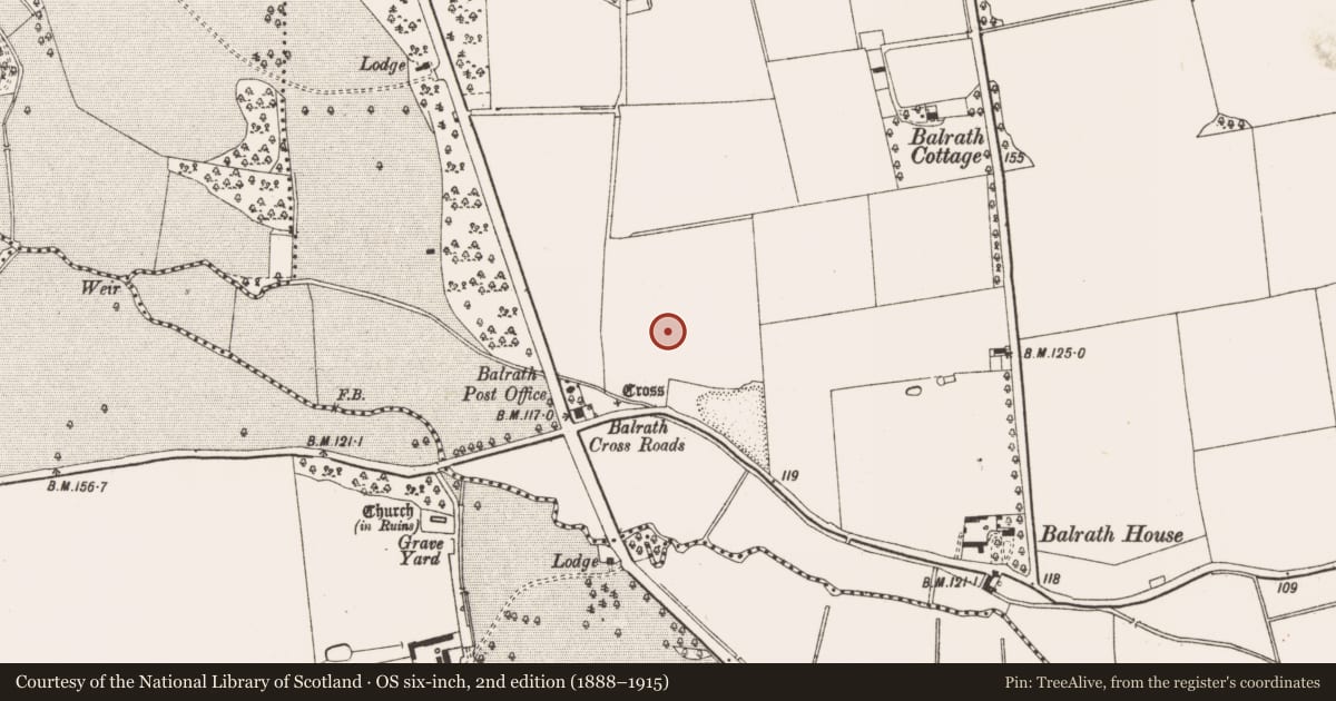 Ordnance Survey six-inch map, 2nd edition (1888–1915) covering the location of Embanked enclosure, Balrath, County Meath, with a pin at the register's coordinates