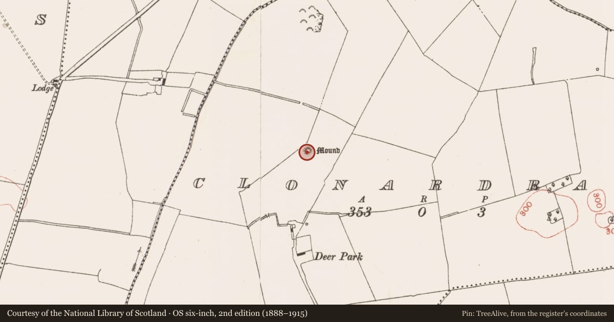 Ordnance Survey six-inch map, 2nd edition (1888–1915) covering the location of Barrow - mound barrow, Clonardran, County Meath, with a pin at the register's coordinates