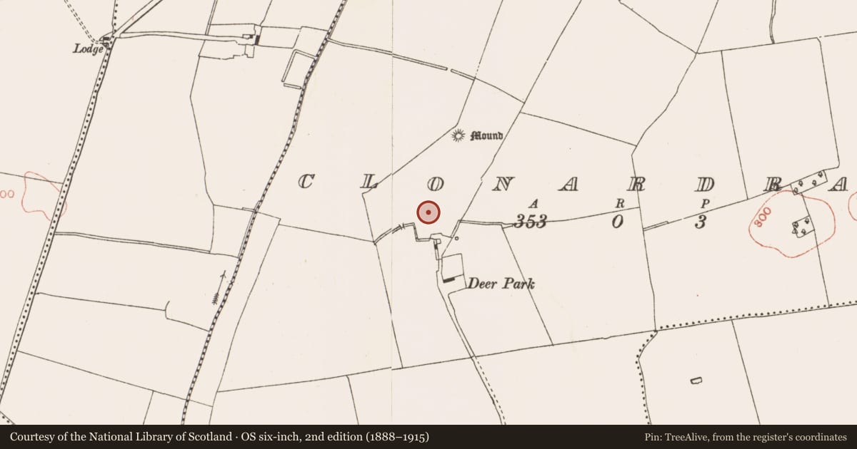 Ordnance Survey six-inch map, 2nd edition (1888–1915) covering the location of Moated site, Clonardran, County Meath, with a pin at the register's coordinates