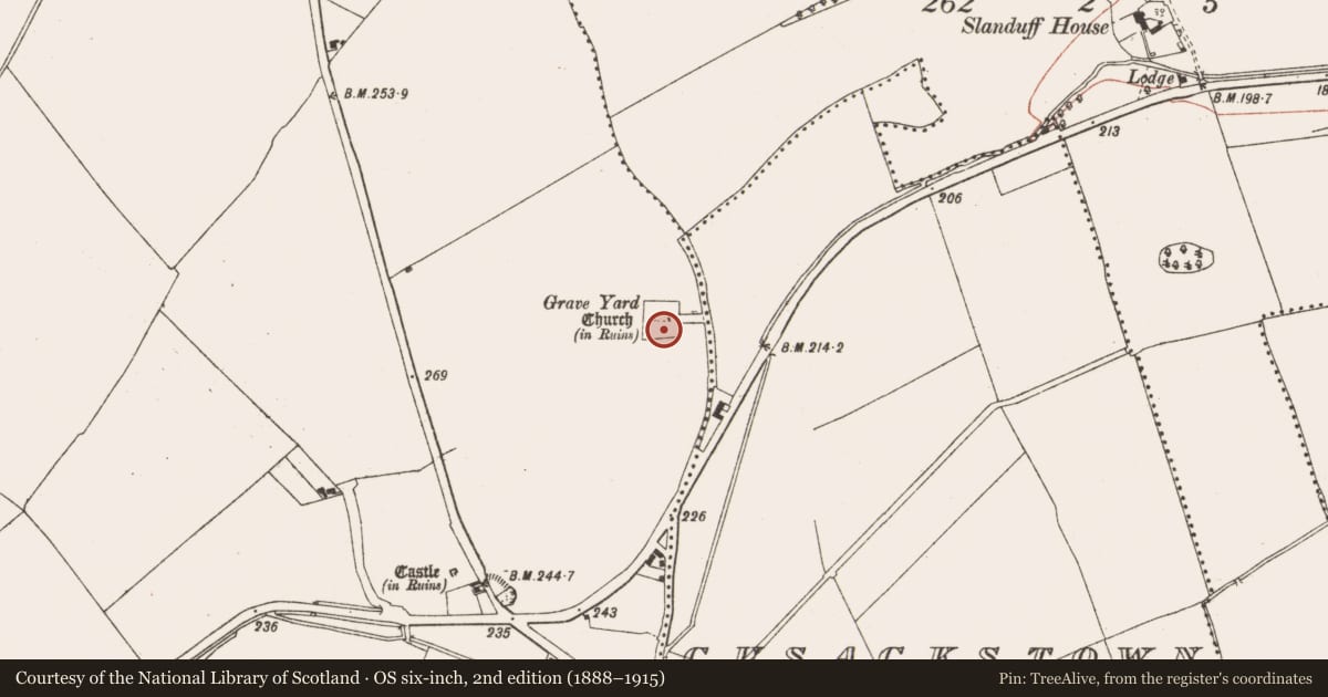 Ordnance Survey six-inch map, 2nd edition (1888–1915) covering the location of Graveyard, Monktown, County Meath, with a pin at the register's coordinates