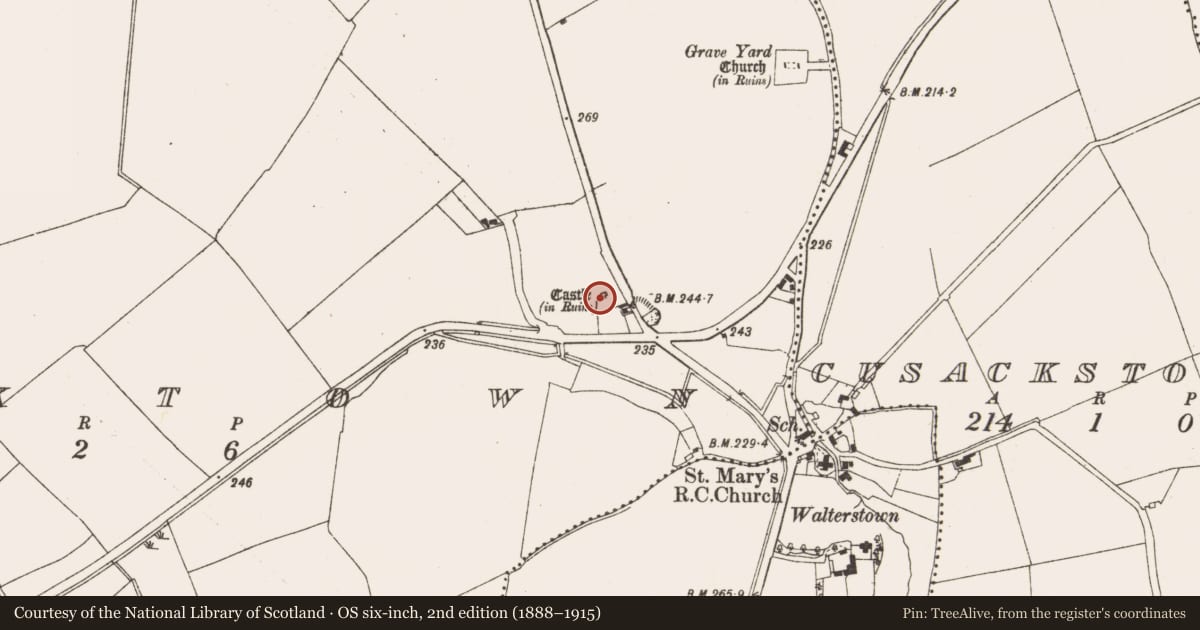 Ordnance Survey six-inch map, 2nd edition (1888–1915) covering the location of Castle - tower house, Monktown, County Meath, with a pin at the register's coordinates