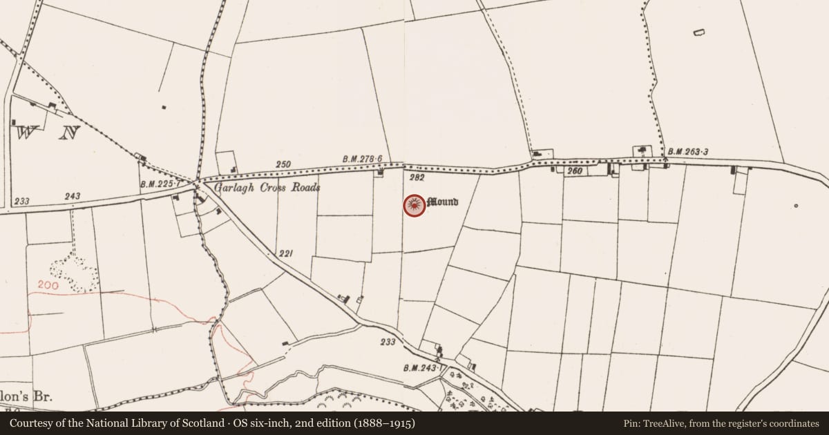Ordnance Survey six-inch map, 2nd edition (1888–1915) covering the location of Barrow - mound barrow, Lismullin, County Meath, with a pin at the register's coordinates