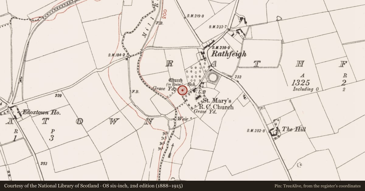 Ordnance Survey six-inch map, 2nd edition (1888–1915) covering the location of Church, Rathfeigh, County Meath, with a pin at the register's coordinates