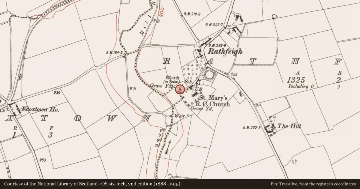 Ordnance Survey six-inch map, 2nd edition (1888–1915) covering the location of Graveyard, Rathfeigh, County Meath, with a pin at the register's coordinates