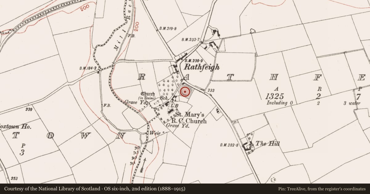 Ordnance Survey six-inch map, 2nd edition (1888–1915) covering the location of Castle - motte, Rathfeigh, County Meath, with a pin at the register's coordinates
