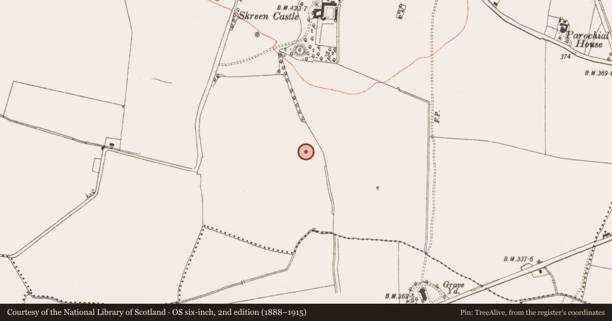 Ordnance Survey six-inch map, 2nd edition (1888–1915) covering the location of Enclosure, Skreen, County Meath, with a pin at the register's coordinates
