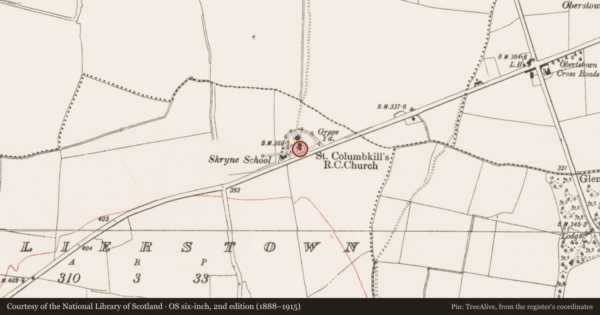 Ordnance Survey six-inch map, 2nd edition (1888–1915) covering the location of Font, Collierstown, County Meath, with a pin at the register's coordinates