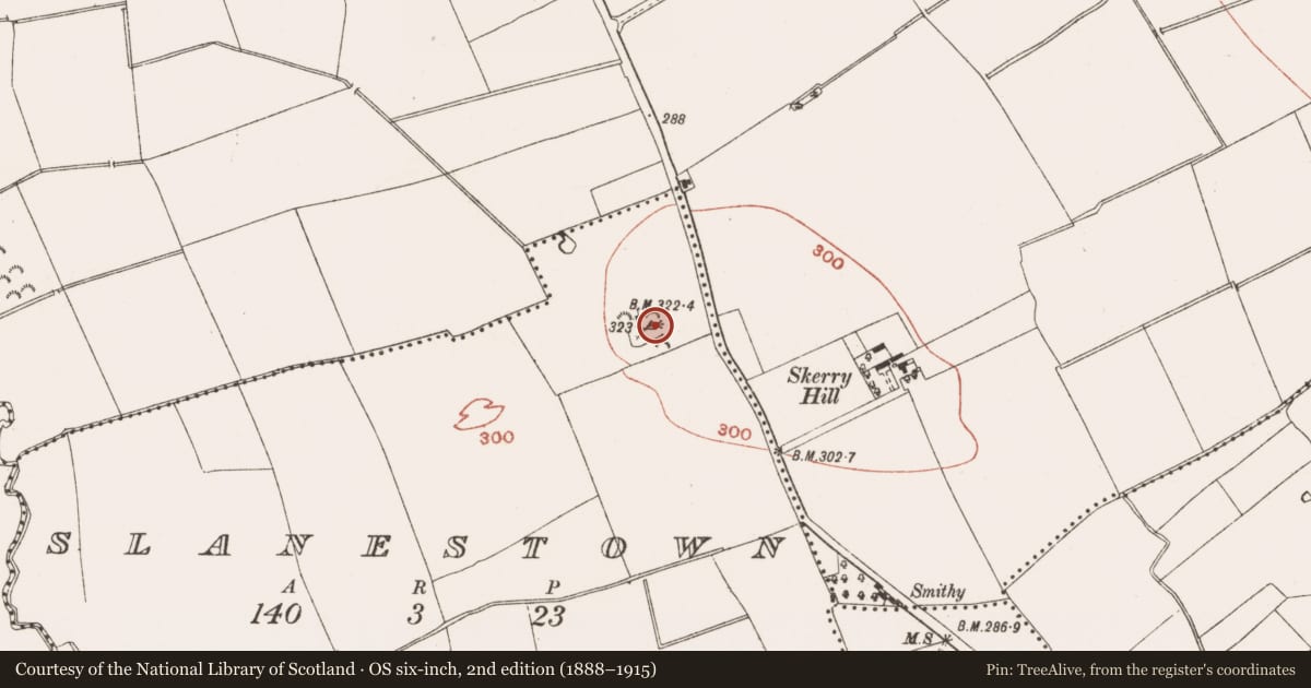 Ordnance Survey six-inch map, 2nd edition (1888–1915) covering the location of Earthwork, Slanestown, County Meath, with a pin at the register's coordinates