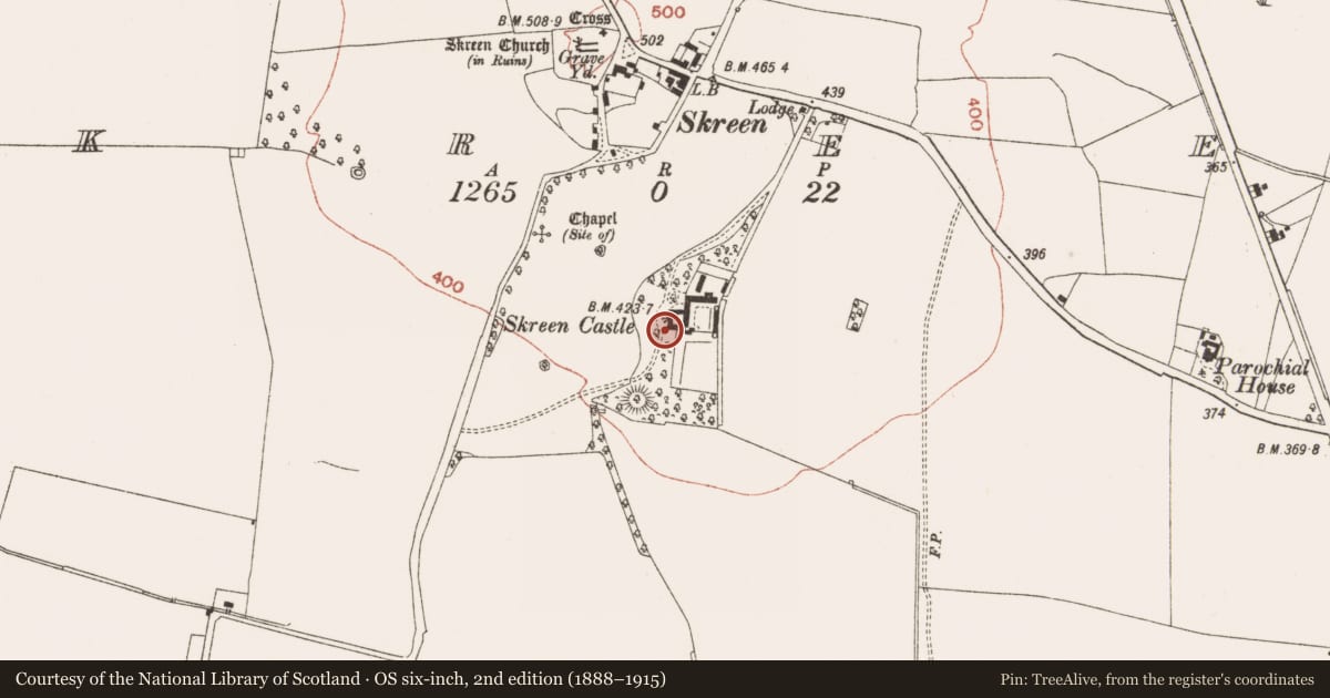 Ordnance Survey six-inch map, 2nd edition (1888–1915) covering the location of Castle - tower house, Skreen, County Meath, with a pin at the register's coordinates