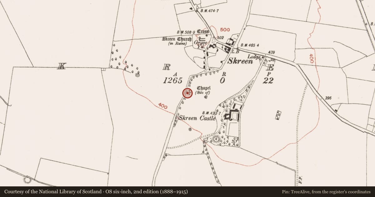 Ordnance Survey six-inch map, 2nd edition (1888–1915) covering the location of Church, Skreen, County Meath, with a pin at the register's coordinates