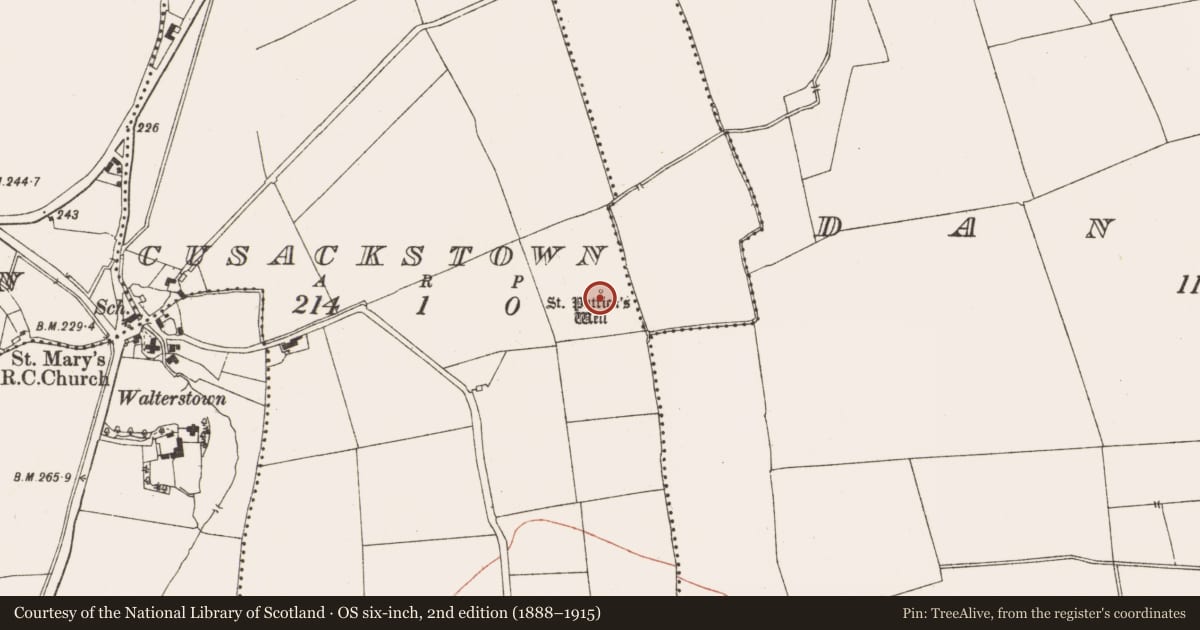 Ordnance Survey six-inch map, 2nd edition (1888–1915) covering the location of Ritual site - holy well, Cusackstown, County Meath, with a pin at the register's coordinates