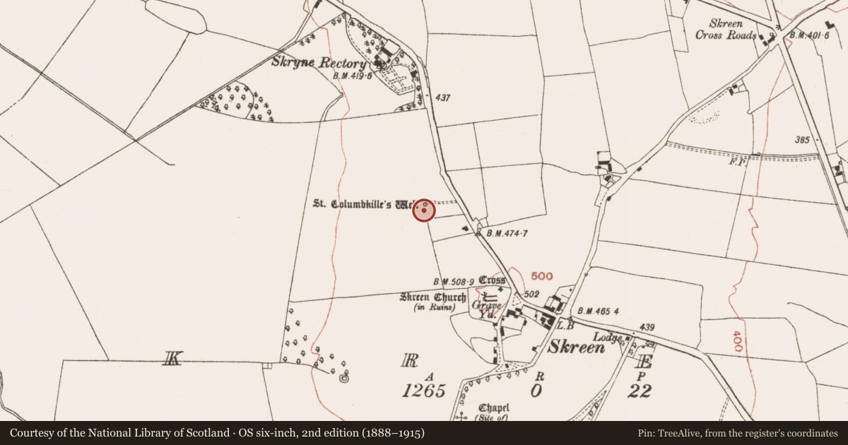 Ordnance Survey six-inch map, 2nd edition (1888–1915) covering the location of Ritual site - holy well, Skreen, County Meath, with a pin at the register's coordinates