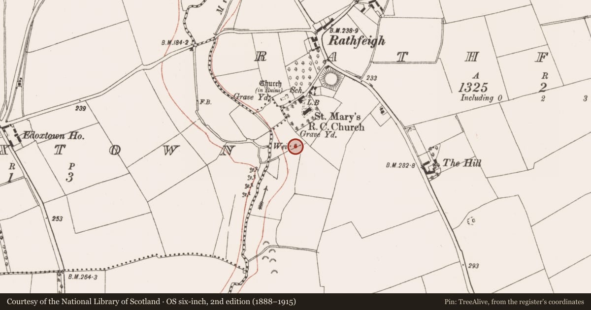 Ordnance Survey six-inch map, 2nd edition (1888–1915) covering the location of Ritual site - holy well, Rathfeigh, County Meath, with a pin at the register's coordinates