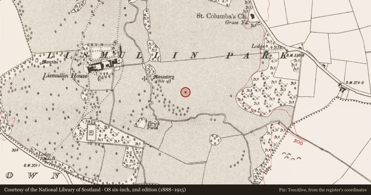 Ordnance Survey six-inch map, 2nd edition (1888–1915) covering the location of Passage tomb art, Lismullin, County Meath, with a pin at the register's coordinates