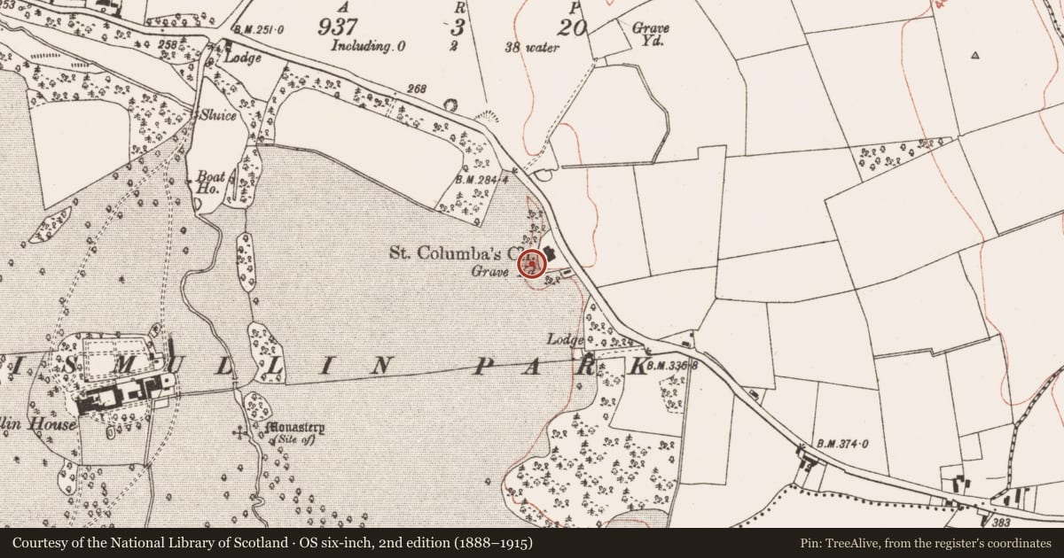 Ordnance Survey six-inch map, 2nd edition (1888–1915) covering the location of Burial, Lismullin, County Meath, with a pin at the register's coordinates