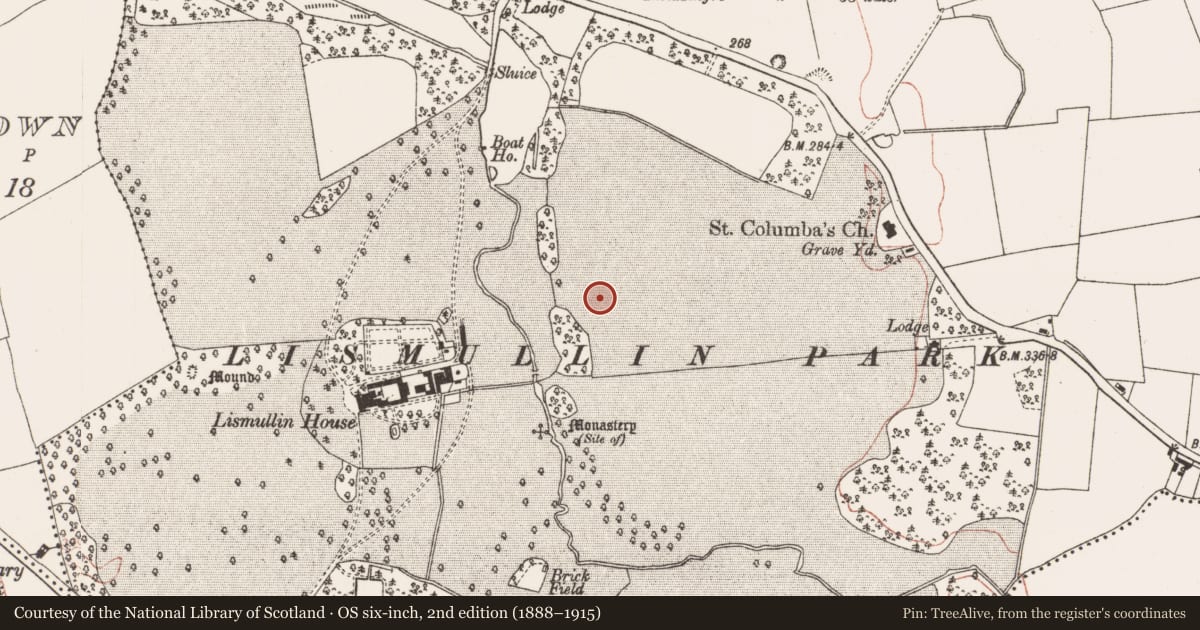 Ordnance Survey six-inch map, 2nd edition (1888–1915) covering the location of Barrow - ring-barrow, Lismullin, County Meath, with a pin at the register's coordinates
