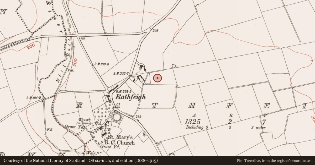 Ordnance Survey six-inch map, 2nd edition (1888–1915) covering the location of Enclosure, Rathfeigh, County Meath, with a pin at the register's coordinates