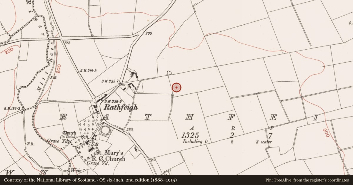 Ordnance Survey six-inch map, 2nd edition (1888–1915) covering the location of Enclosure, Rathfeigh, County Meath, with a pin at the register's coordinates