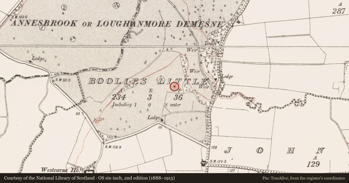 Ordnance Survey six-inch map, 2nd edition (1888–1915) covering the location of Souterrain, Boolies Little, County Meath, with a pin at the register's coordinates