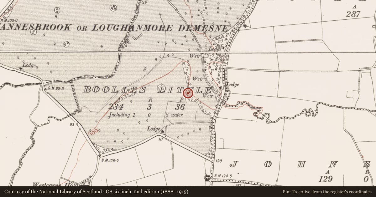 Ordnance Survey six-inch map, 2nd edition (1888–1915) covering the location of Earthwork, Boolies Little, County Meath, with a pin at the register's coordinates