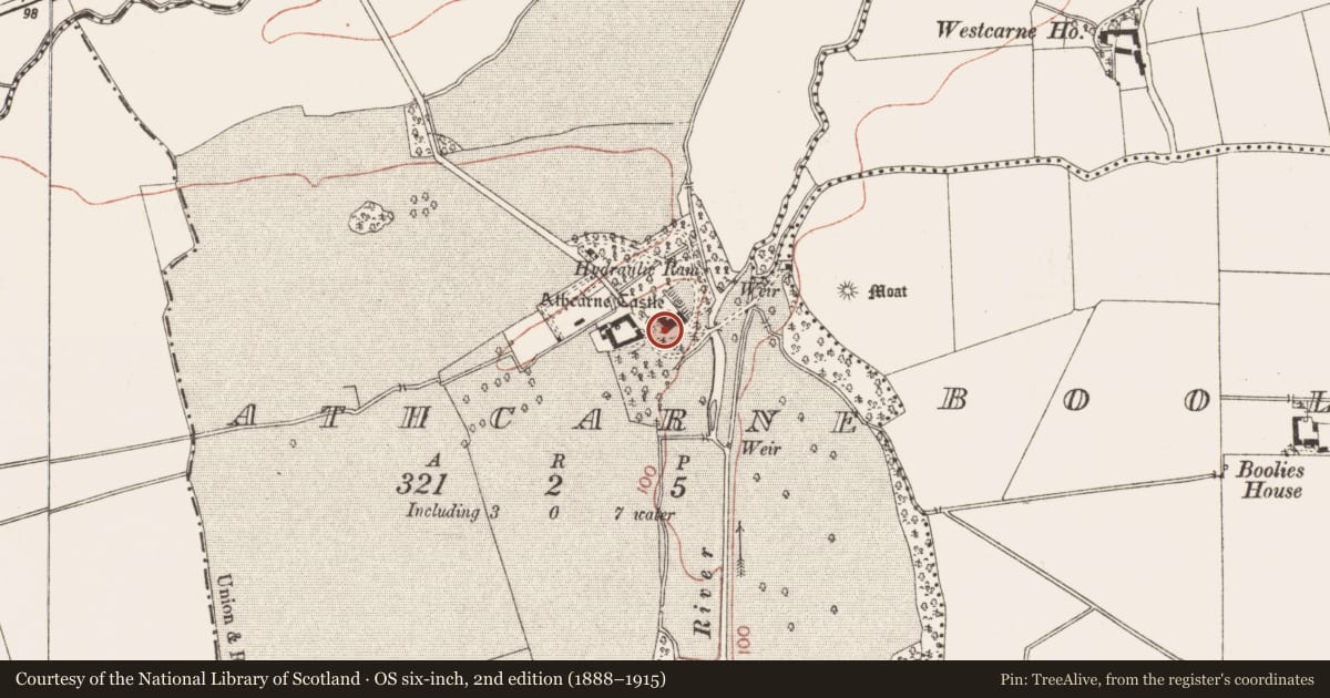 Ordnance Survey six-inch map, 2nd edition (1888–1915) covering the location of Memorial stone, Athcarne, County Meath, with a pin at the register's coordinates