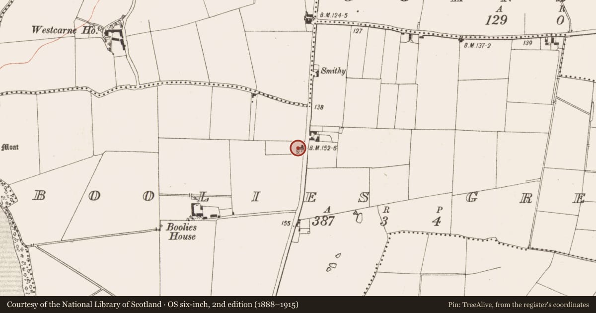 Ordnance Survey six-inch map, 2nd edition (1888–1915) covering the location of Mound, Boolies Great, County Meath, with a pin at the register's coordinates