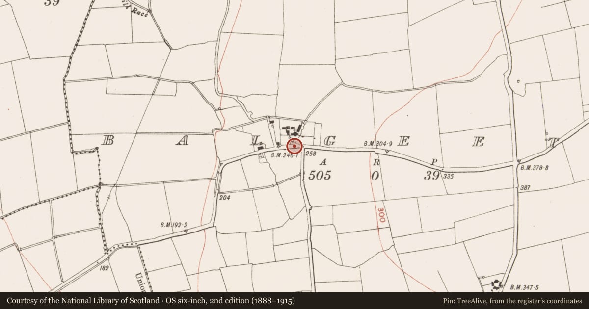 Ordnance Survey six-inch map, 2nd edition (1888–1915) covering the location of Sheela-na-gig, Balgeeth, County Meath, with a pin at the register's coordinates