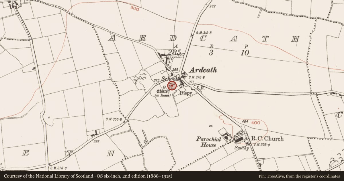 Ordnance Survey six-inch map, 2nd edition (1888–1915) covering the location of Church, Ardcath, County Meath, with a pin at the register's coordinates