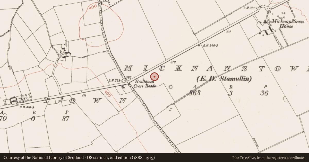 Ordnance Survey six-inch map, 2nd edition (1888–1915) covering the location of Henge, Micknanstown (Duleek Upper By., Clonalvy Par.), County Meath, with a pin at the register's coordinates
